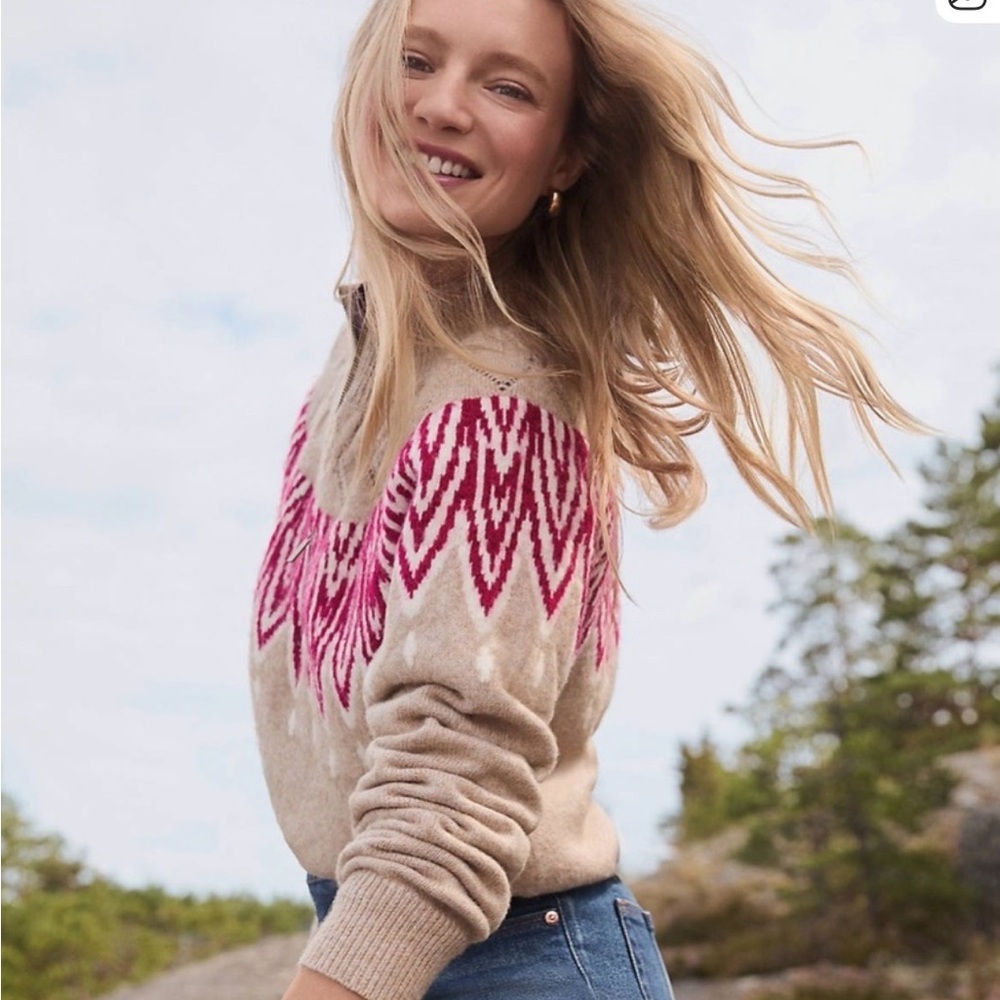 LOFT Beige and Pink Fair Isle Quarter Zip Sweater